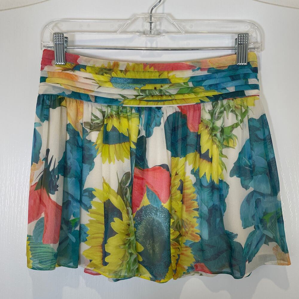 Alice + Olivia Y2K Vintage Mini Skirt Floral Print Silk Sheer Layer White M